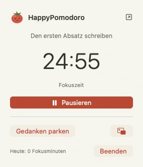 Das echte HappyPomodoro-Menüleistenfenster mit laufendem Timer