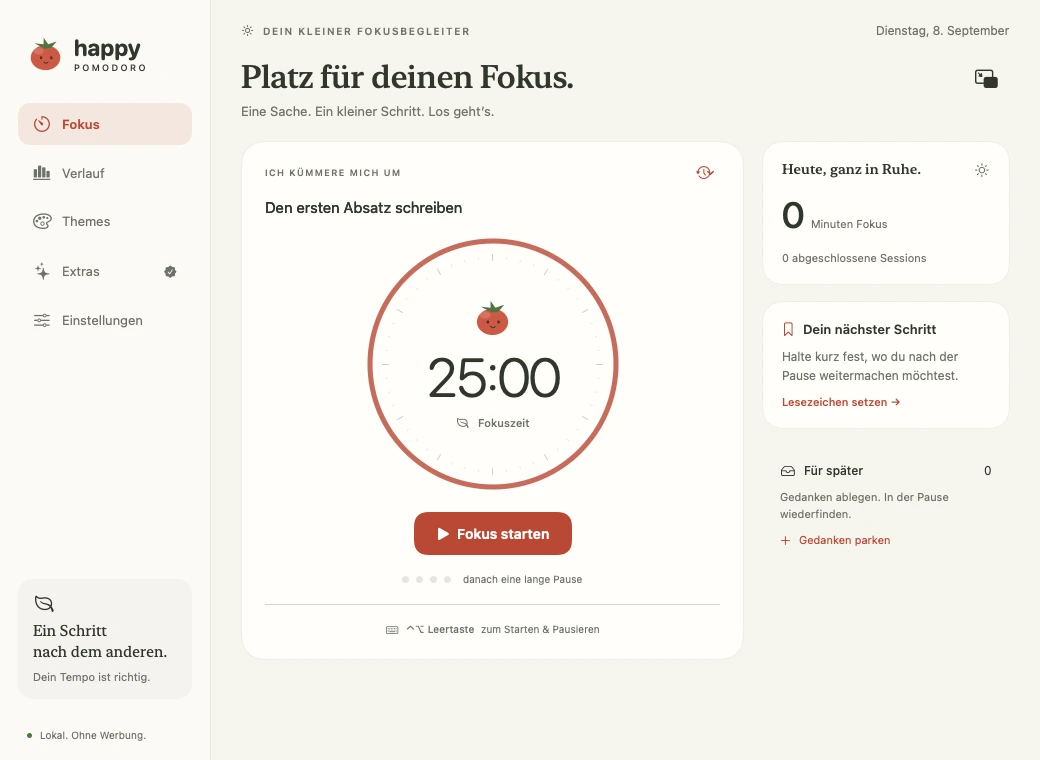 HappyPomodoro: Timer, Tagesübersicht und Fokus-Lesezeichen auf dem Mac