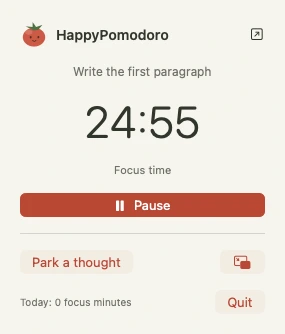 The real HappyPomodoro menu bar window with a running timer